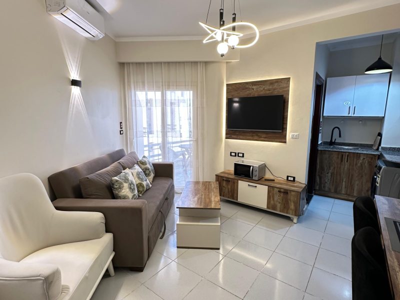 One-bedroom sea view apartment at Downtown Keys Hurghada overlooking the Red Sea with modern interior design