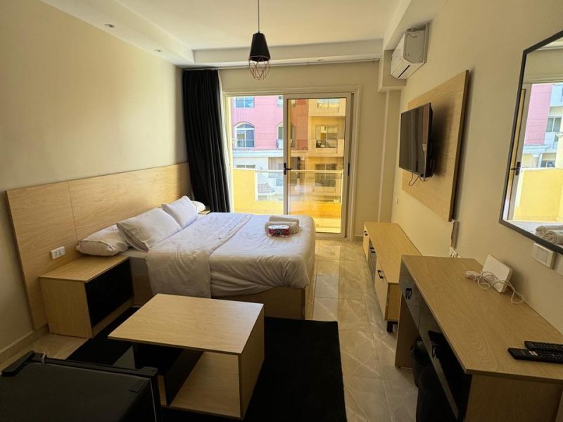 Studio with pool view at Florenza Khamsin Hurghada featuring 1 big bed and 2nd floor location
