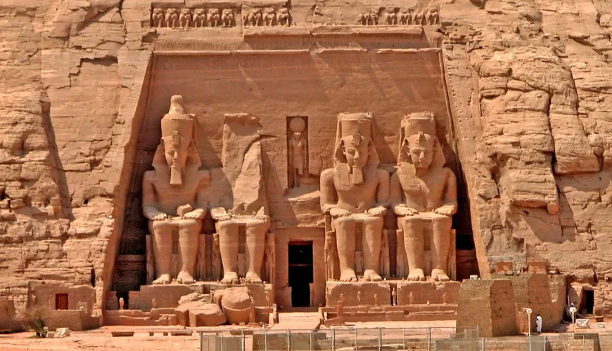 Abu Simbel Temple in southern Egypt showcasing the colossal statues of Ramses II carved into the rock
