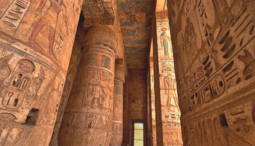 Ancient Egypt civilization with pyramids, temples, and hieroglyphs