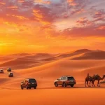 Desert safaris adventure across golden sand dunes with off-road vehicles and breathtaking desert landscapes