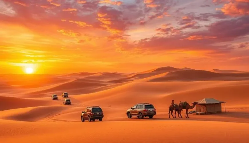 Desert safaris adventure across golden sand dunes with off-road vehicles and breathtaking desert landscapes
