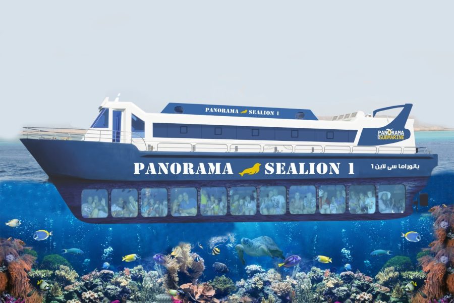 Panorama Submarine Hurghada underwater view with coral reefs and tropical fish
