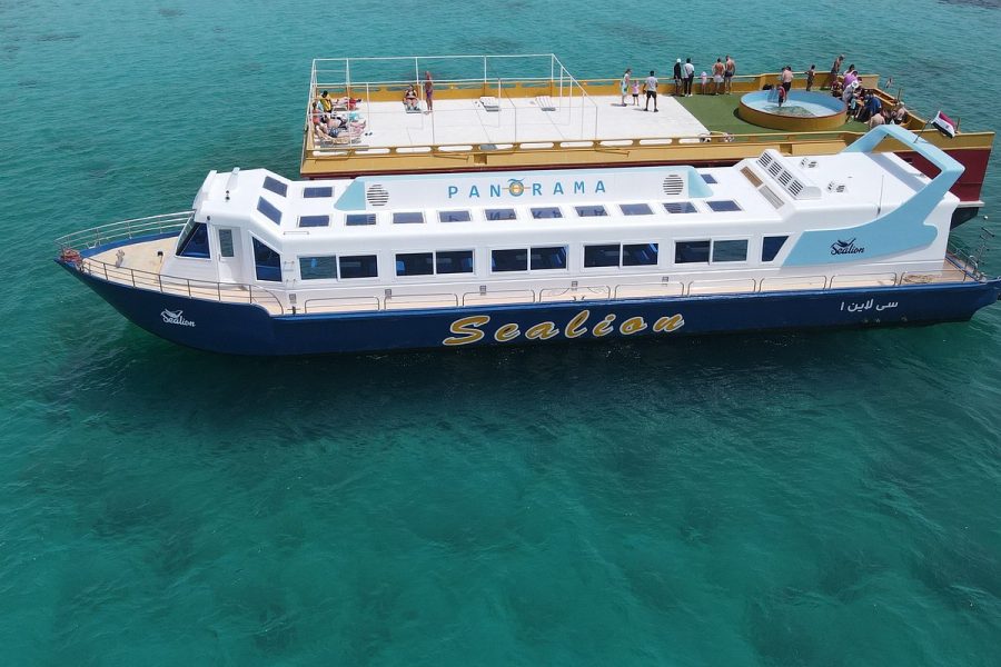 Panorama Submarine Makadi Hurghada cruising over coral reefs with underwater panoramic views