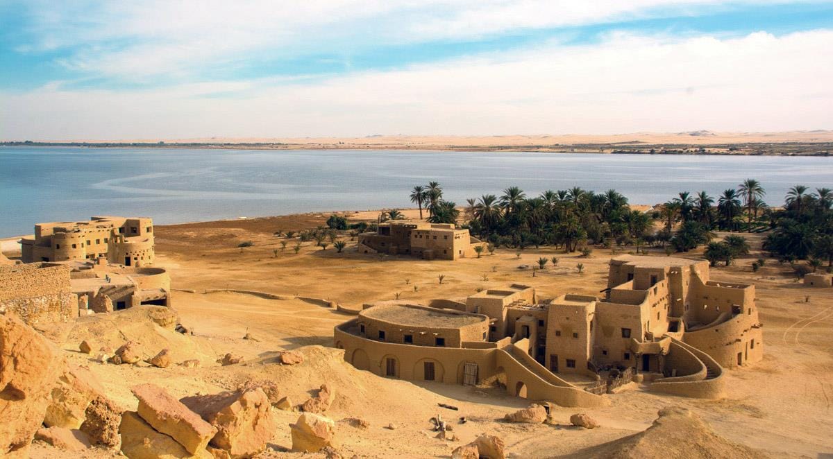 Scenic desert landscape of Siwa Oasis with palm trees and salt lakes in Egypt