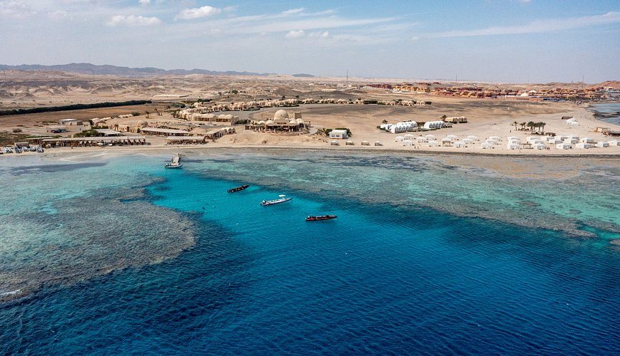 Stunning view of Marsa Alam beach with crystal-clear Red Sea waters and coral reefs
