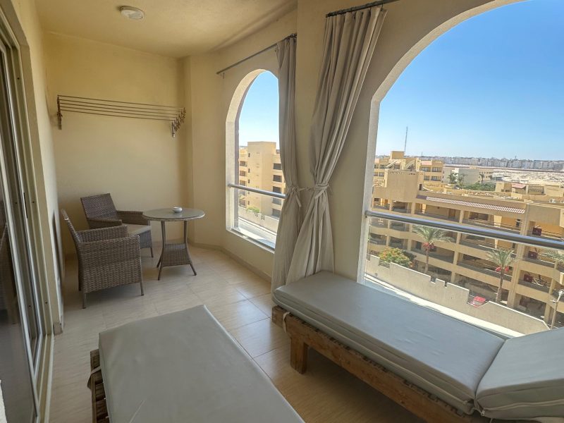Studio with sea view at Florenza Khamsin Hurghada, 3rd floor, 1 big bed and sofa bed, suitable for up to 3 guests.