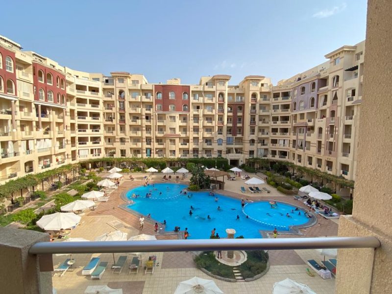 Studio with pool view at Florenza Khamsin Hurghada, first floor, 1 big bed, suitable for up to 2 guests.