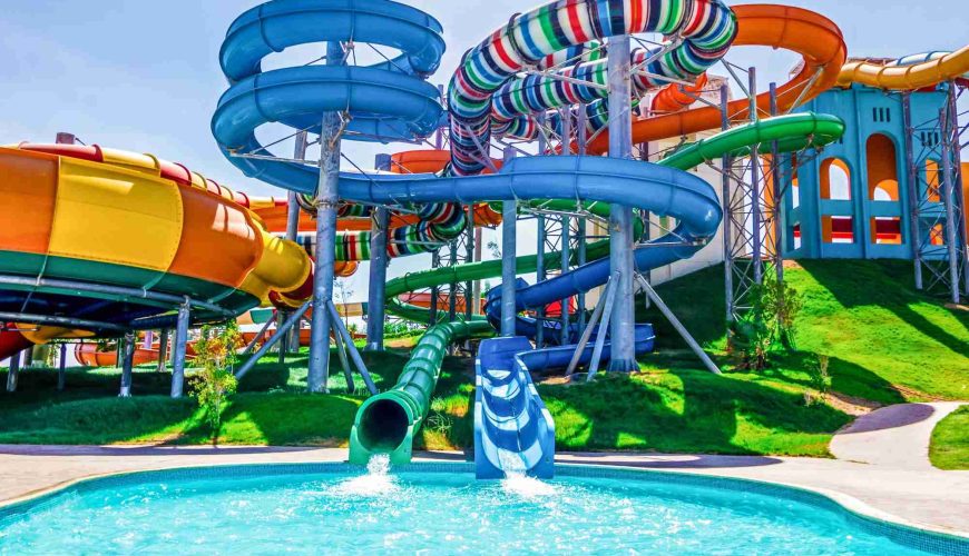 Water slides at Makadi Water World near Hurghada, Egypt, featuring exciting attractions for a full day of waterpark fun.