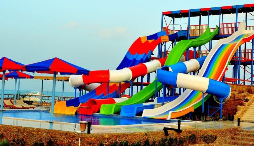 Water slides at Bella Rose Aqua Park in Hurghada, Egypt, offering a fun day of water activities.