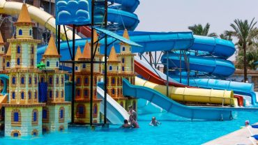 Water slides at Mirage Aqua Park in Hurghada, Egypt, offering a fun-filled day of water activities.