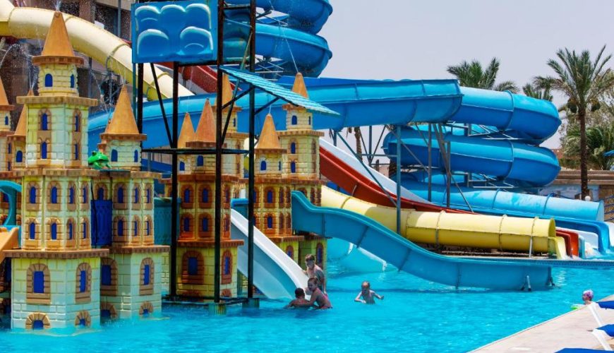 Water slides at Mirage Aqua Park in Hurghada, Egypt, offering a fun-filled day of water activities.
