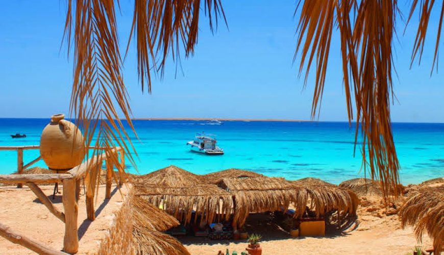 Comparison of Orange Bay and Mahmeya Island with turquoise Red Sea water and sandy beaches near Hurghada