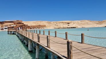 Turquoise waters and sandy beaches near Orange Bay and Mahmya Island in Hurghada, Egypt.