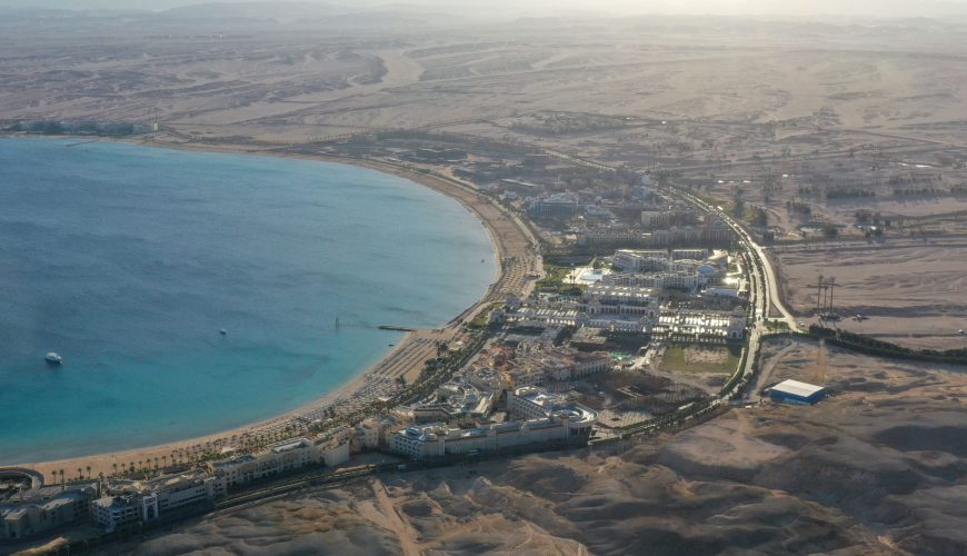 Hurghada beach and Red Sea coastline with boats